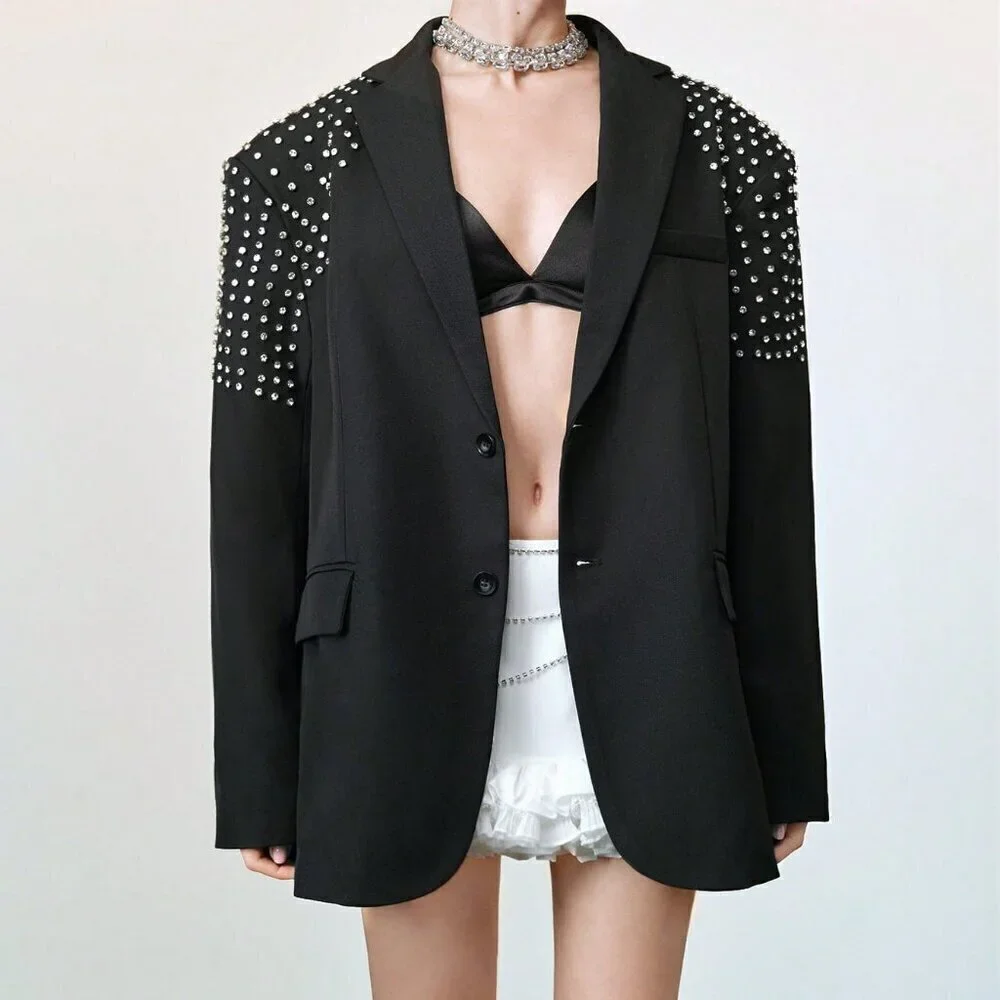 Black Elegant Formal Women's Oversized Rhinestone detailed Blazer